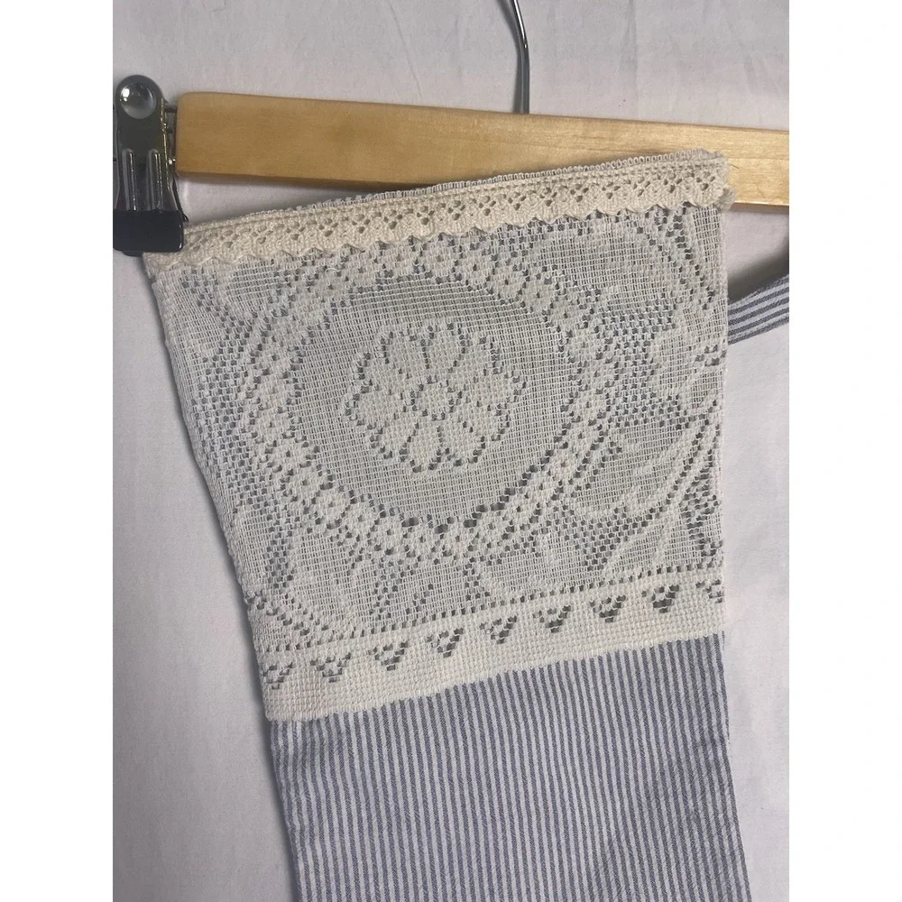 Handmade linen blend blue striped lace VTG style cuff Christmas stocking